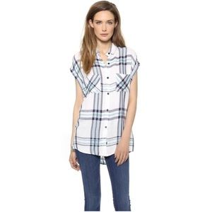 Rails Britt Plaid Button Down Cap Sleeve Shirt White Navy Mint Women’s Sz Medium